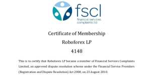 RoboForex LP FSCL Certificate of Membership